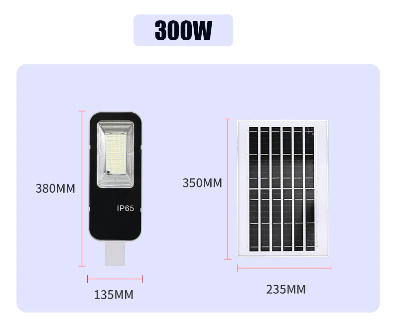 300W solar street light with high efficiency solar panel, IP65 waterproof design, and compact dimensions for outdoor lighting